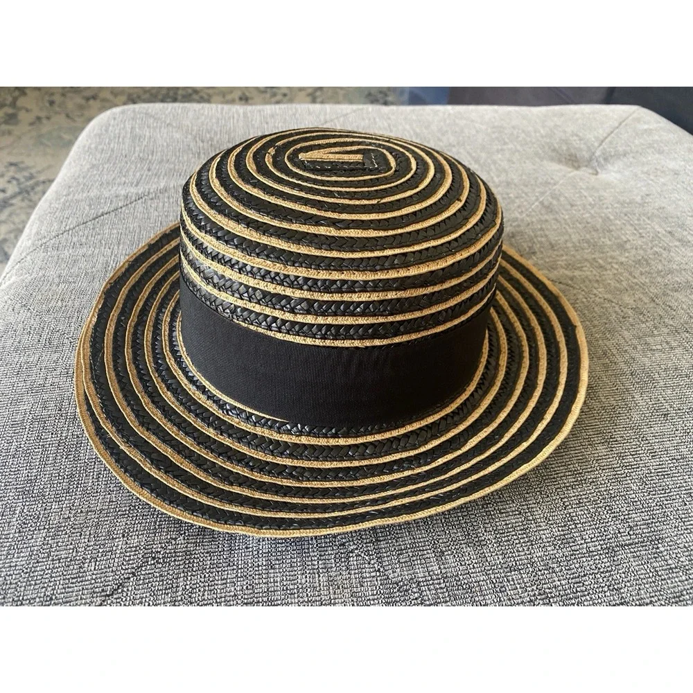 BCBGeneration Straw Boater Hat Black & Natural Striped Flat Top Sun Hat NWT